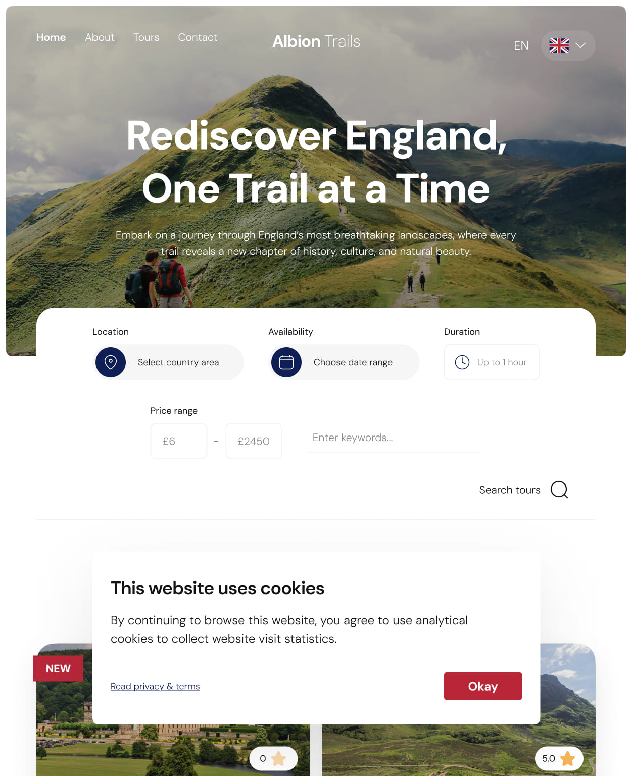 Homepage of a tour service site - tablet breakpoint. Two hikers walk a scenic trail on a lush, green hillside. Text reads - Rediscover England, One Trail at a Time. A cookies notification is visible.